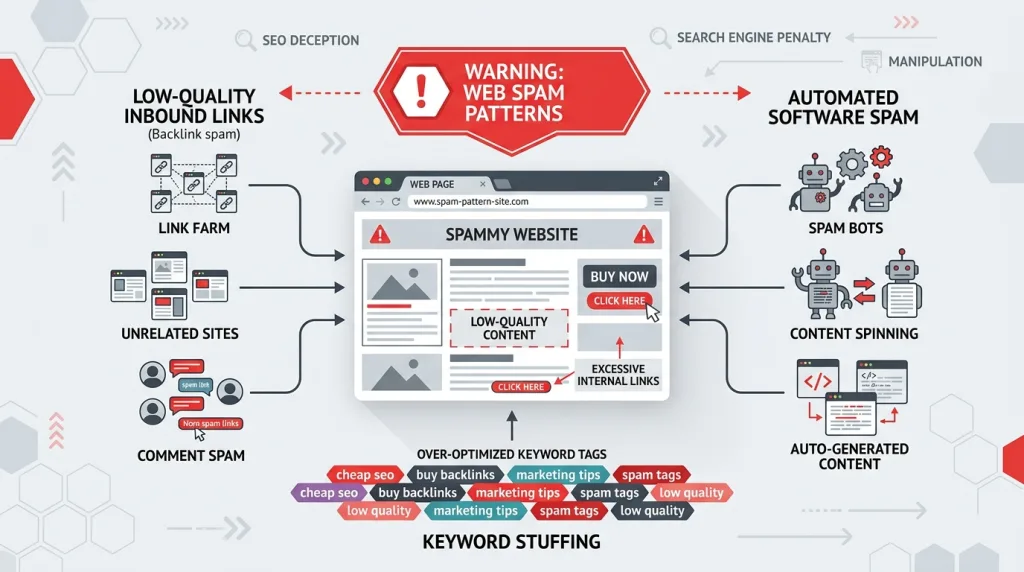 Visual overview of low-quality link building practices and link schemes to avoid.