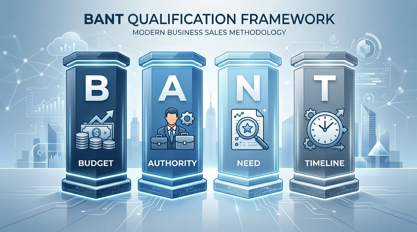 Modern BANT sales framework concept showing Budget, Authority, Need, and Timeline.