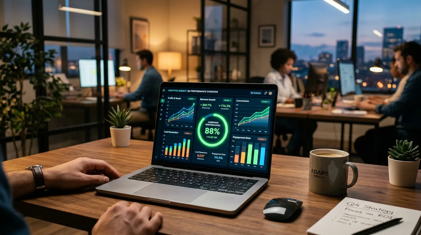 A modern laptop screen displaying automated SEO analytics and performance charts.