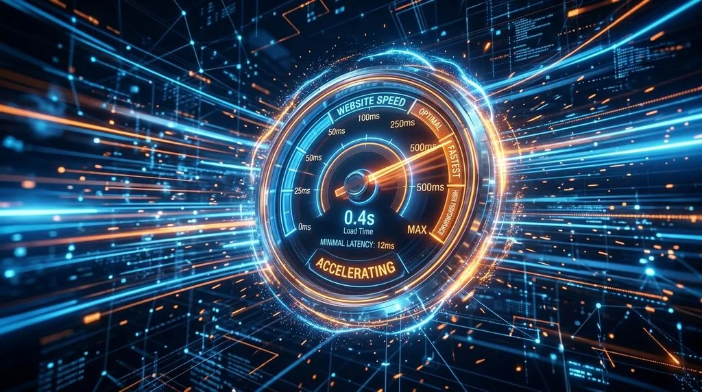Performance speed meter symbolizing fast page loading time for web optimization.