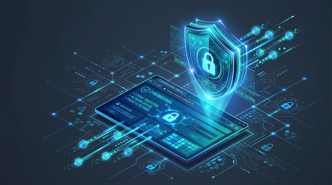 Isometric illustration representing browser web security protocols protecting a web application.