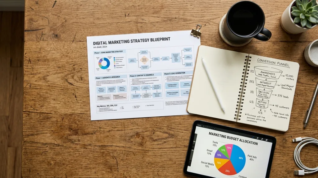 A desk setup showing a marketing strategy blueprint, conversion funnel notebook, and budget tablet.