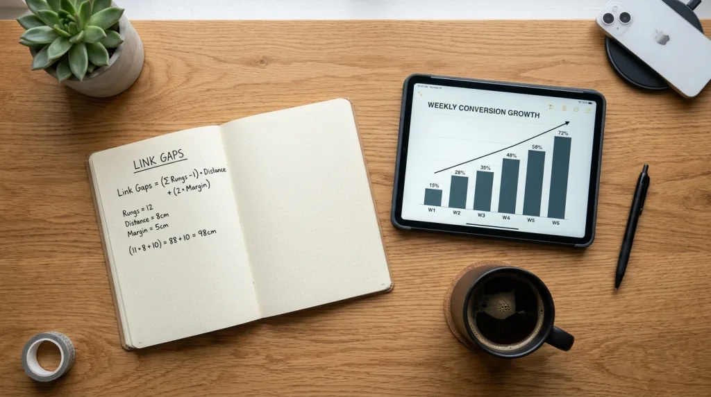Notebook and tablet displaying backlink gap calculations and monthly SEO targets.