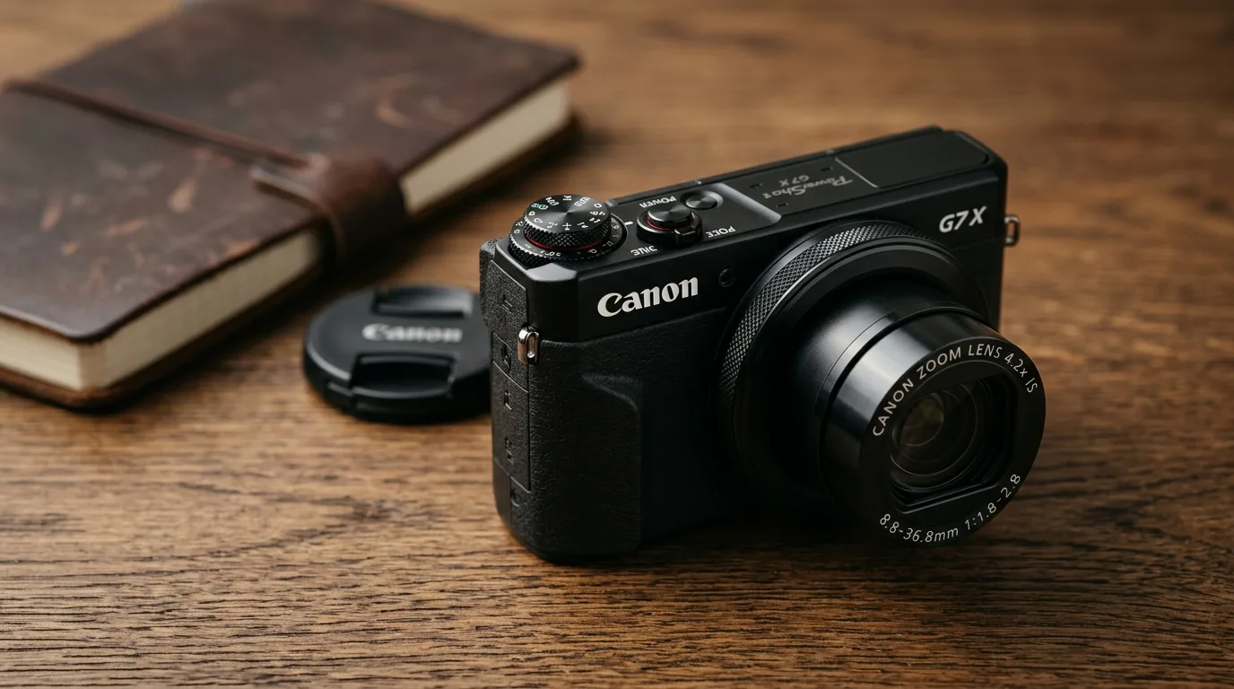 Canon PowerShot G7 X compact camera resting on a wooden desk next to a notebook