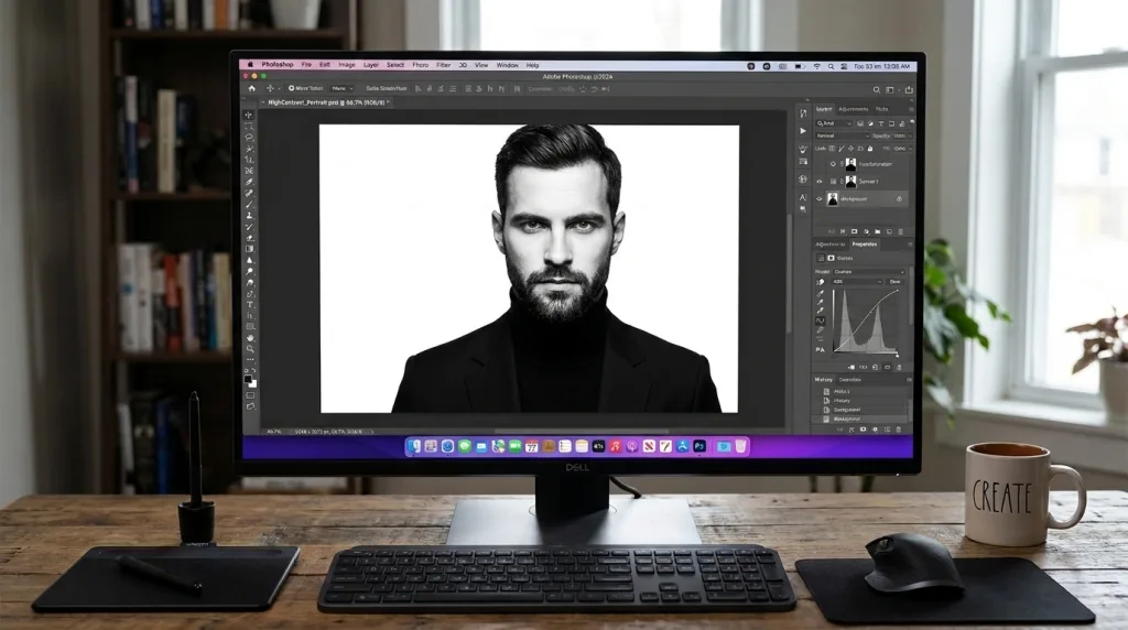 Selecting a high-contrast portrait photo inside the Adobe Photoshop workspace.