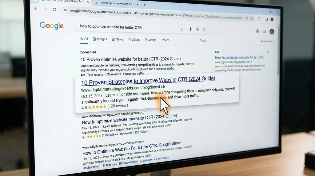 Cursor clicking a highly optimized search engine result link to boost CTR.