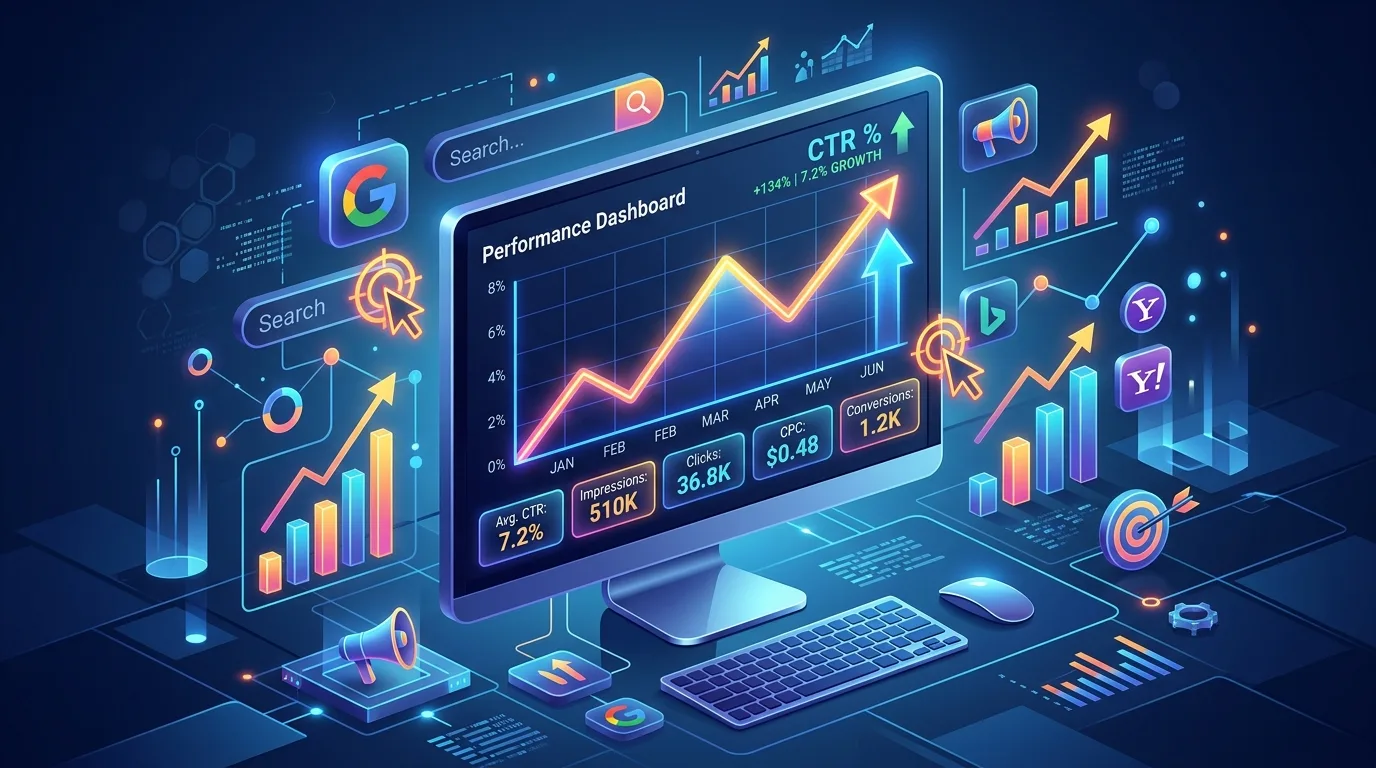 A digital marketing dashboard displaying rising click-through rate metrics and search engine optimization analytics.