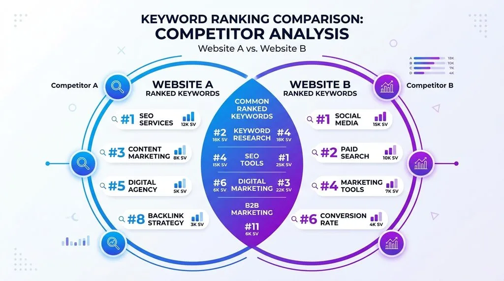 Venn diagram illustrating keyword overlap during a competitor gap audit.