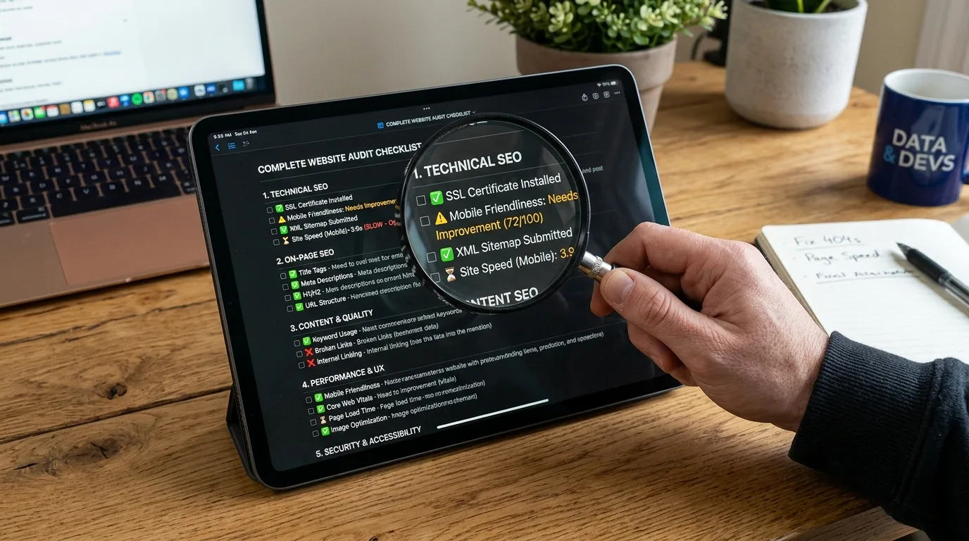 A digital tablet showing a complete website audit checklist with a magnifying glass.