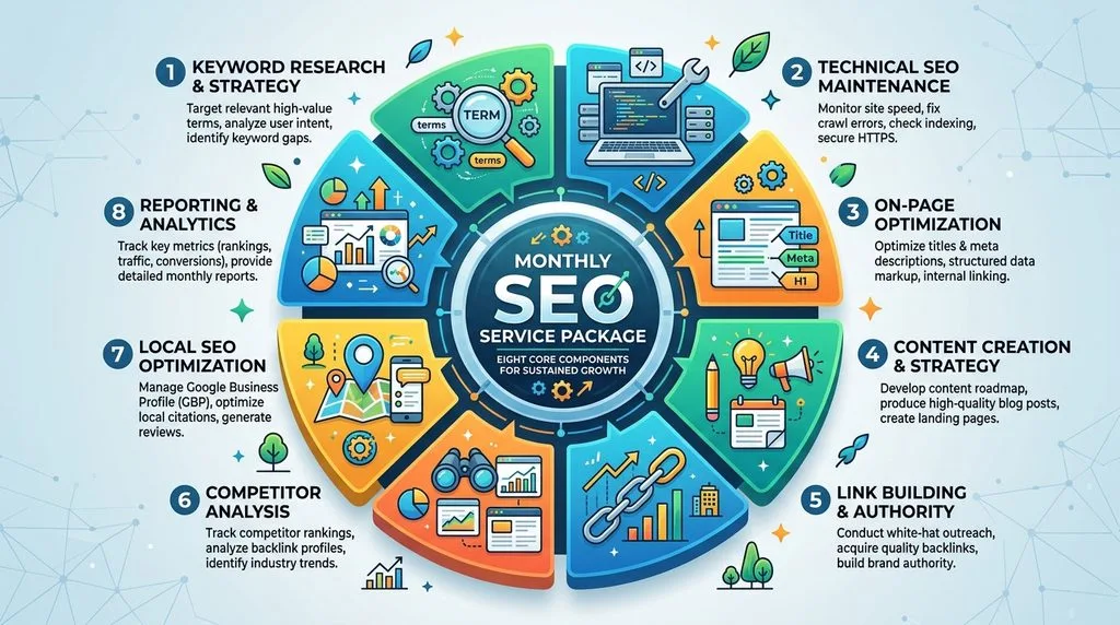 Diagram illustrating the eight core components included in a monthly SEO service package.