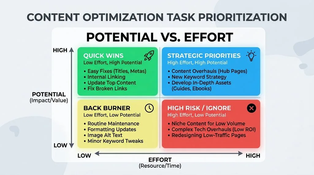 Action matrix mapping content gap tasks by potential impact and effort.