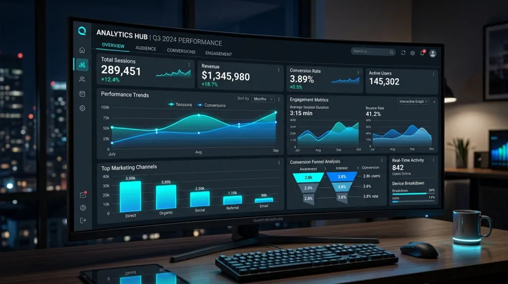 Digital analytics dashboard showing key marketing metrics including conversion rates and audience engagement