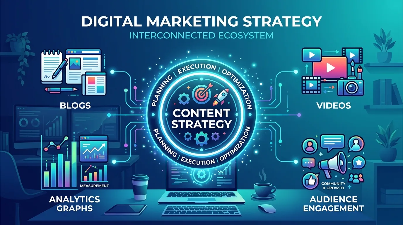 Conceptual illustration of a digital content marketing strategy driving brand authority and growth