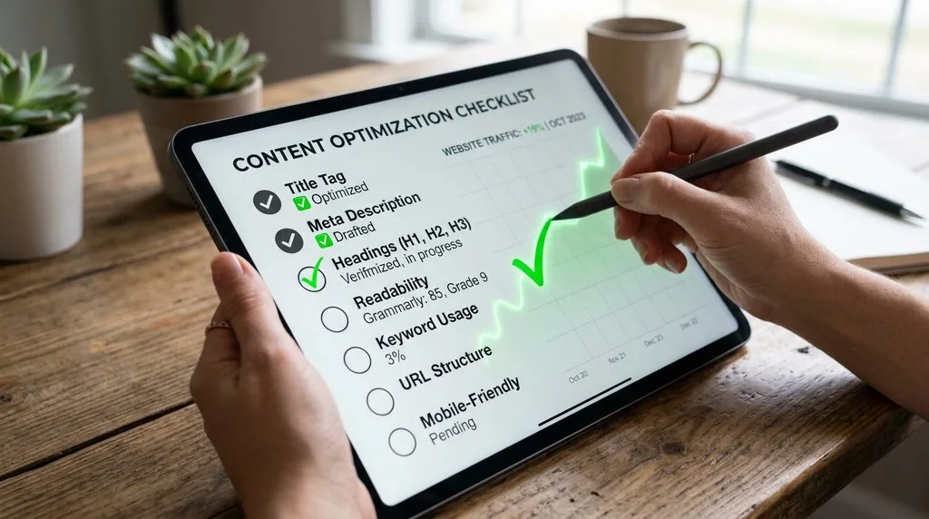 Digital content re-optimization checklist for improving existing page rankings.