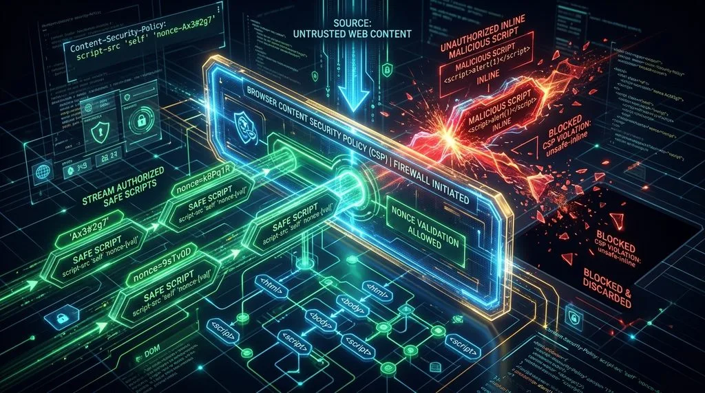 Conceptual illustration showing Content Security Policy blocking unauthorized scripts at the browser level.