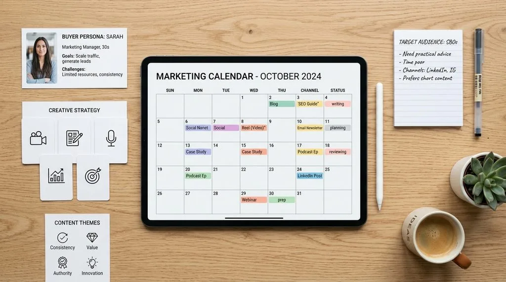 Strategic content marketing calendar and buyer persona outline on a workplace desk.