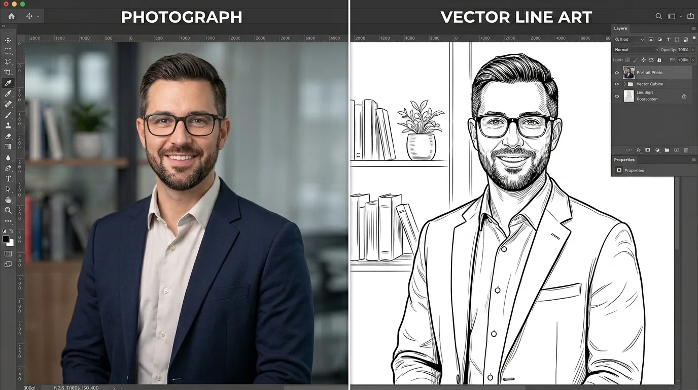 Split-screen comparison of a portrait photo converted into black and white line art in Photoshop.
