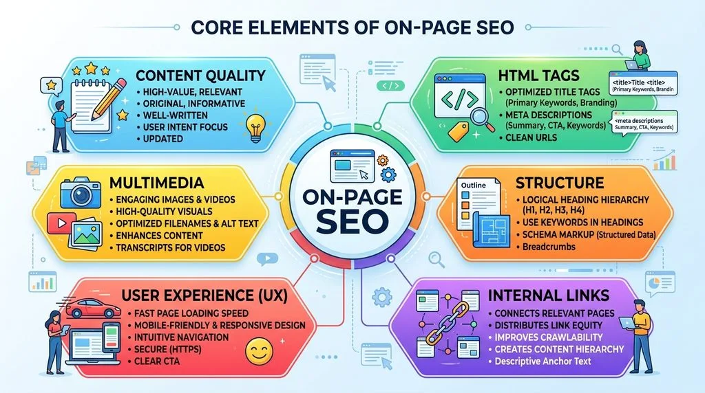 Diagram showing the core elements of on-page SEO including content quality, HTML tags, structure, internal links, UX, and multimedia.