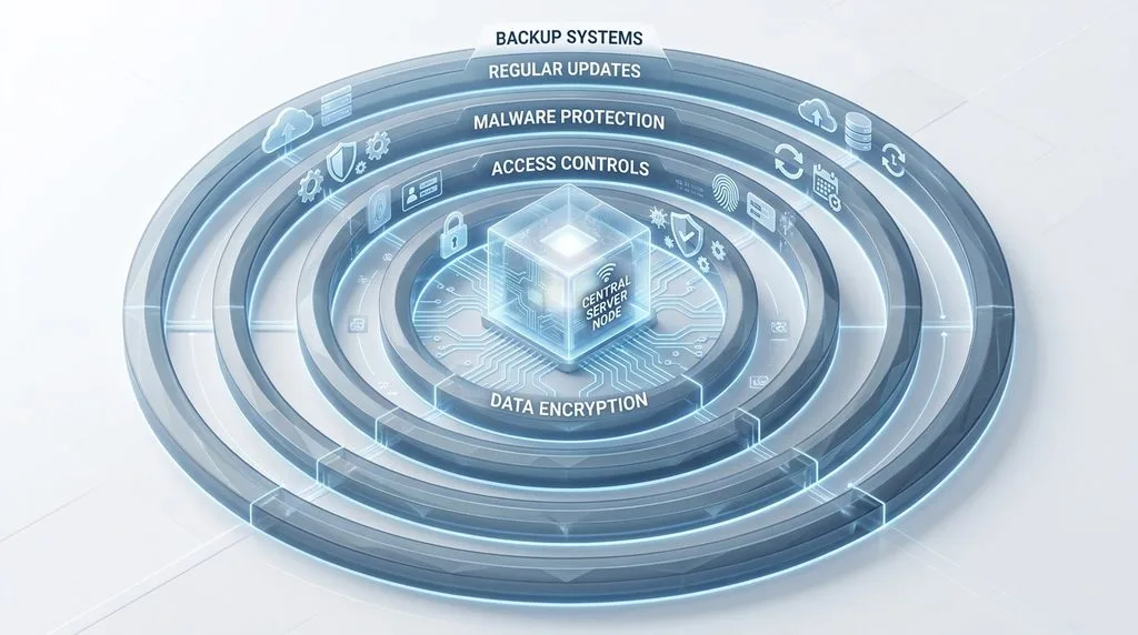 Diagram showing the multi-layered defenses of web security, including firewalls, backups, and encryption.