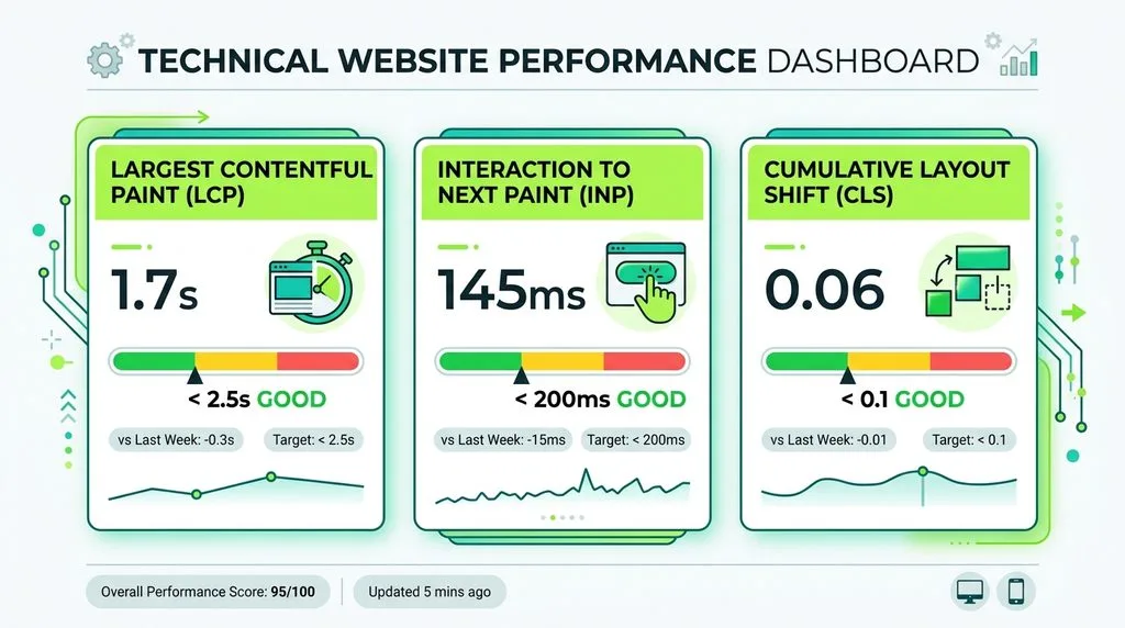 Diagram illustrating Core Web Vitals metrics including LCP, INP, and CLS performance benchmarks.