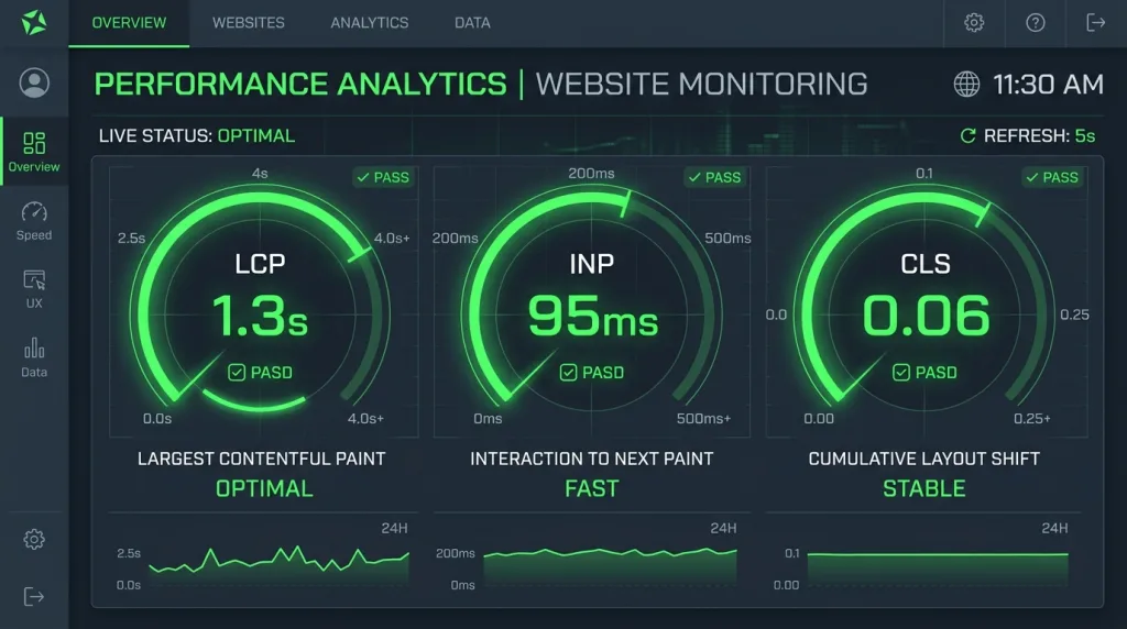 Core Web Vitals dashboard showing optimal benchmark scores for LCP, INP, and CLS metrics.