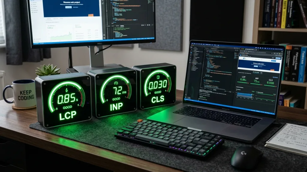 Three speedometers displaying perfect scores for Google Core Web Vitals LCP INP and CLS.