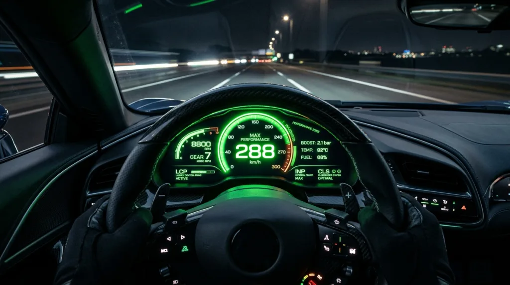 Core Web Vitals speedometer showing fast website loading speed and performance.