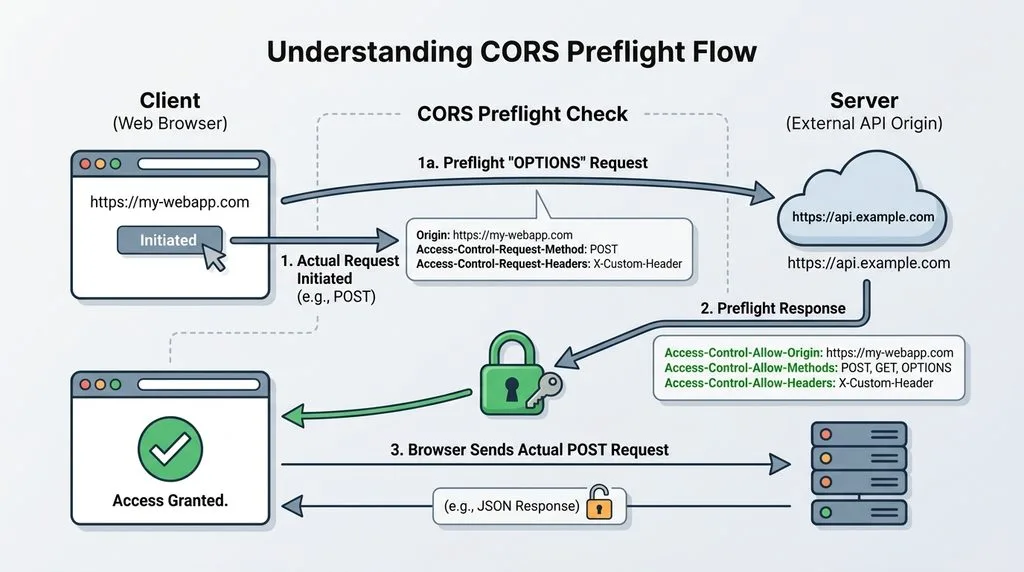 Diagram explaining CORS preflight requests and cross-origin header checks in web browsers.