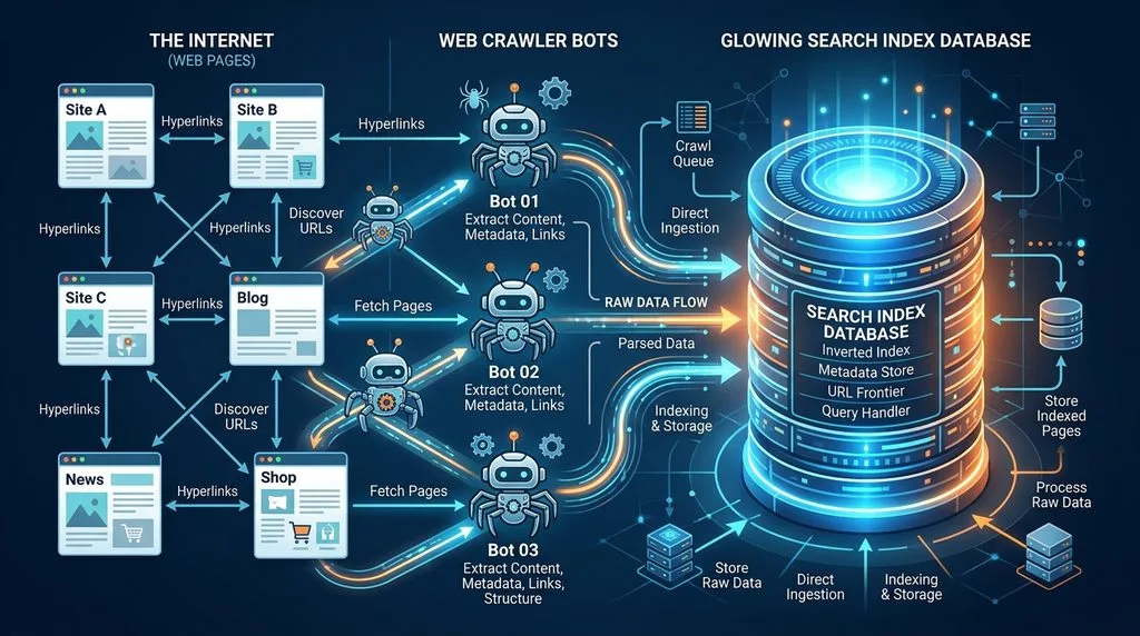 Technical diagram showing search engine crawlers scanning and indexing web pages.