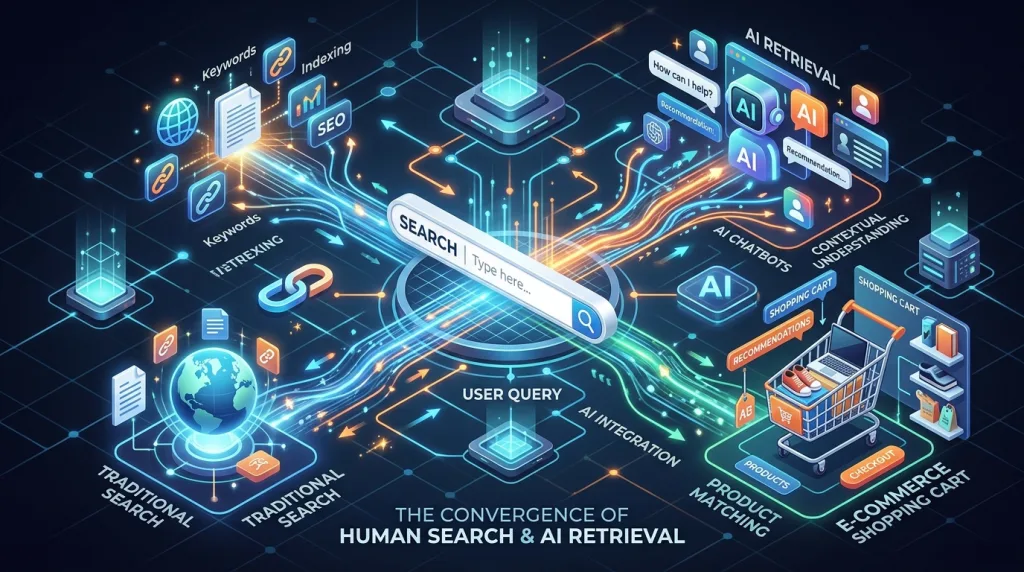 3D graphic showing the connection between search engines, AI chatbots, and e-commerce carts