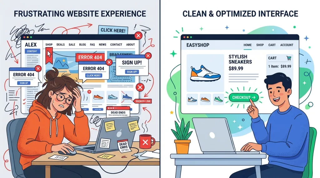 Comparison of a confusing website interface versus an optimized conversion-friendly design
