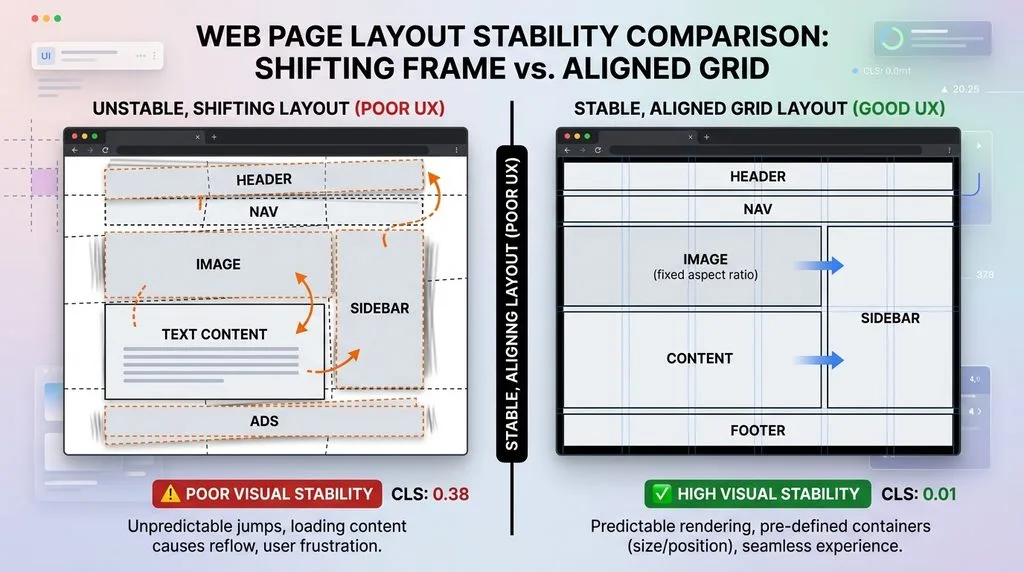 Comparison layout demonstrating Cumulative Layout Shift CLS prevention.