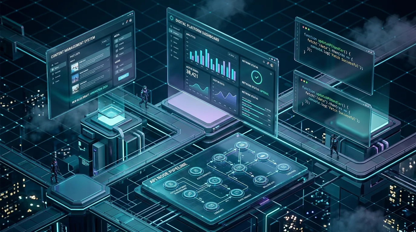 Custom CMS architecture dashboard showing modular data workflows and real-time analytics.