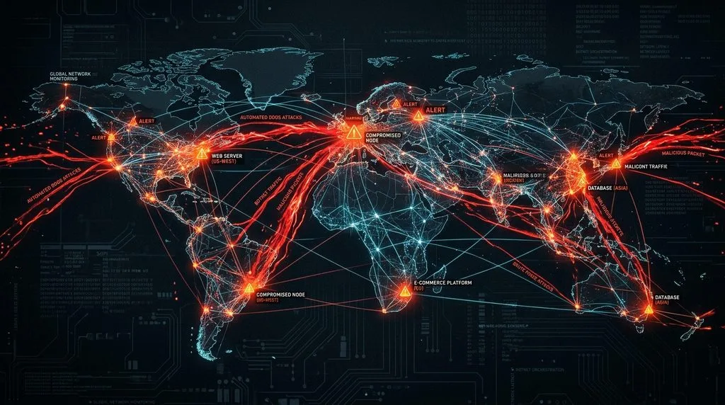 Digital map illustrating cyber threat vectors, automated bot traffic, and API vulnerabilities.