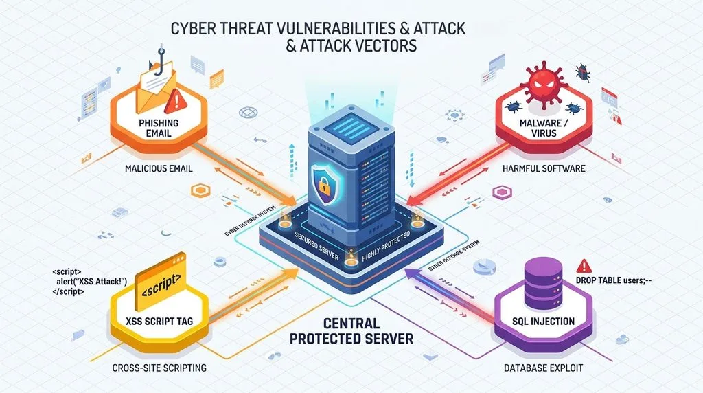 Diagram of common web security threats including phishing, malware, XSS, and SQL injection