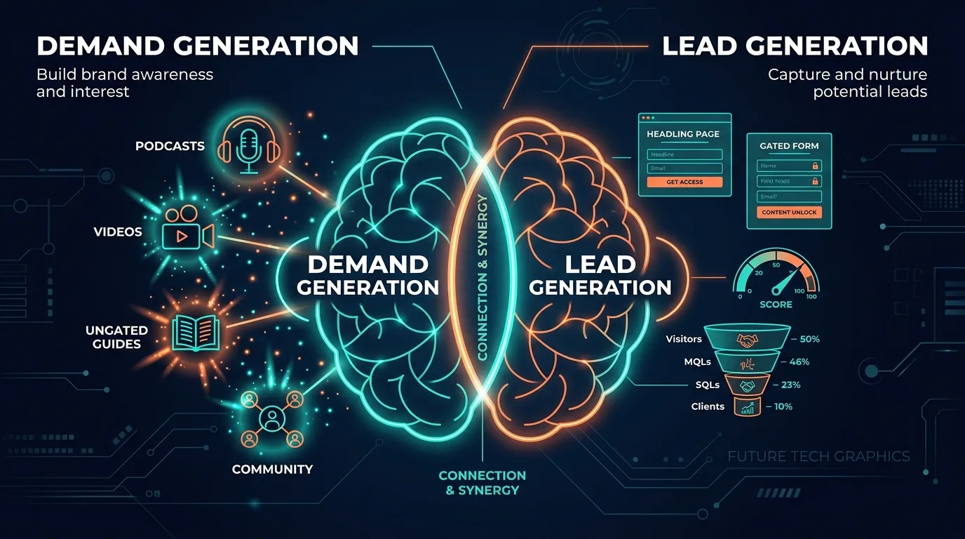 Diagram comparing demand generation brand awareness tactics with lead generation capture forms