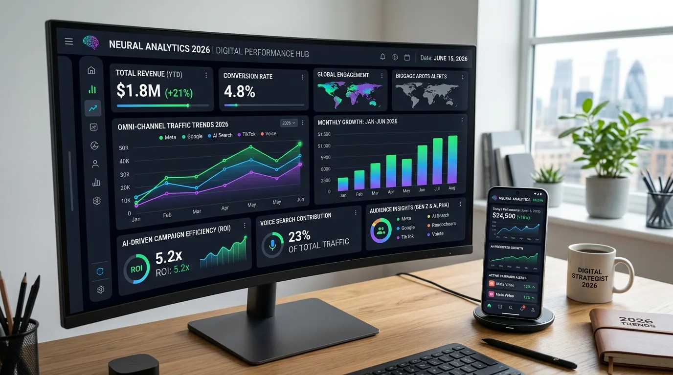 A modern digital marketing analytics dashboard and smartphone representing 2026 trends.