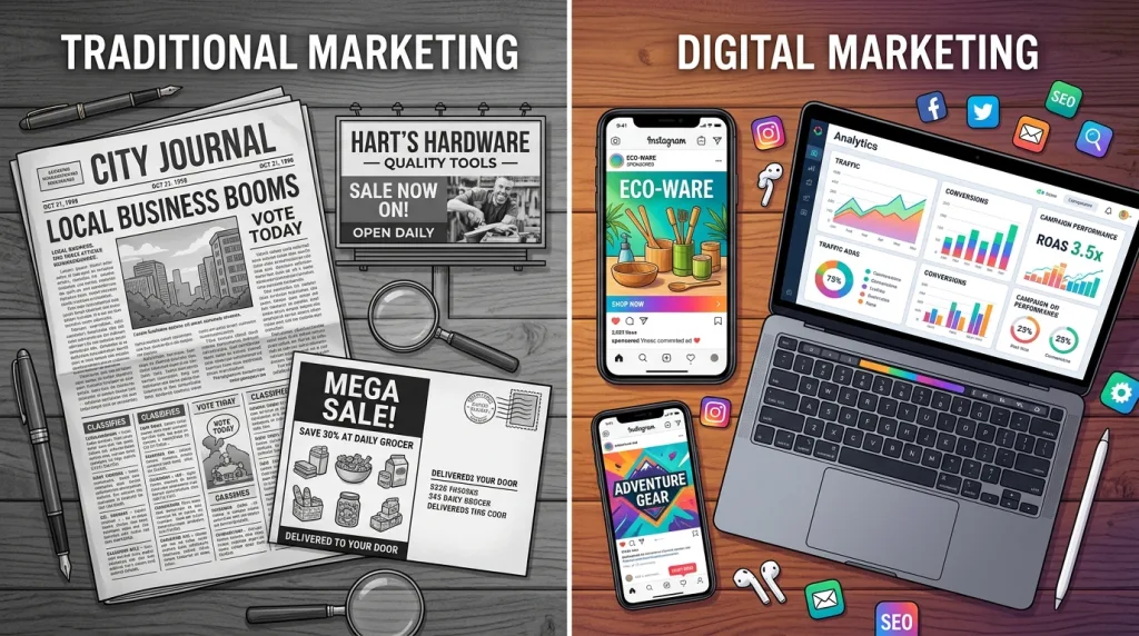 A visual comparison between traditional print marketing and modern digital marketing analytics.