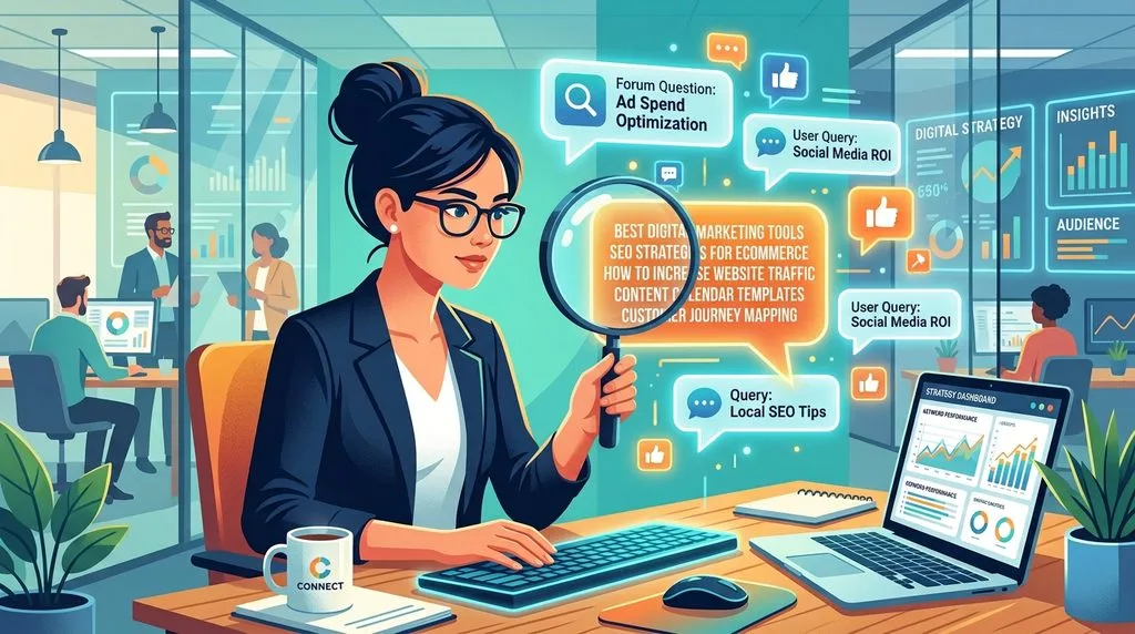Illustration depicting the process of researching and discovering long-tail customer queries.