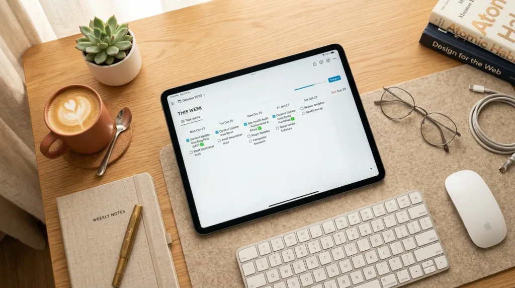 Structured weekly task planner on a tablet screen showing website optimization tasks.