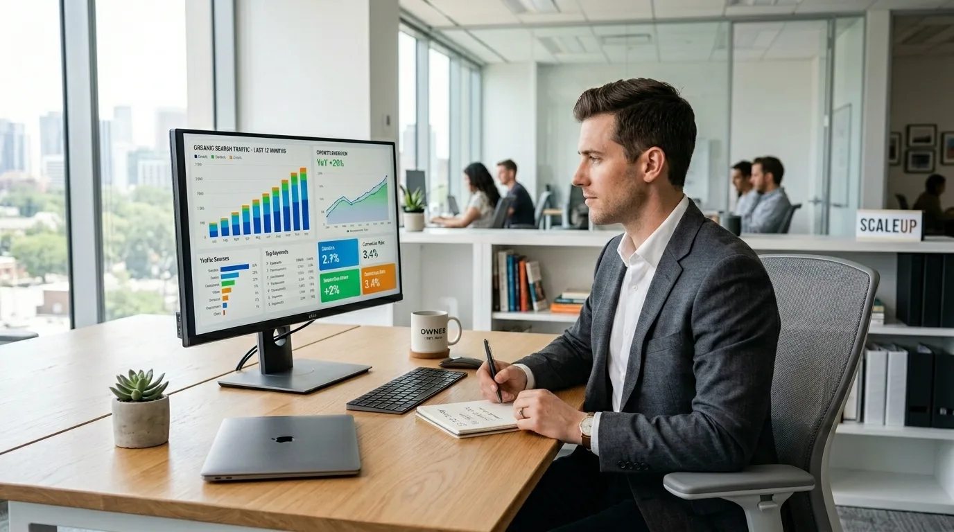 Small business owner analyzing website search performance on a desktop computer monitor.