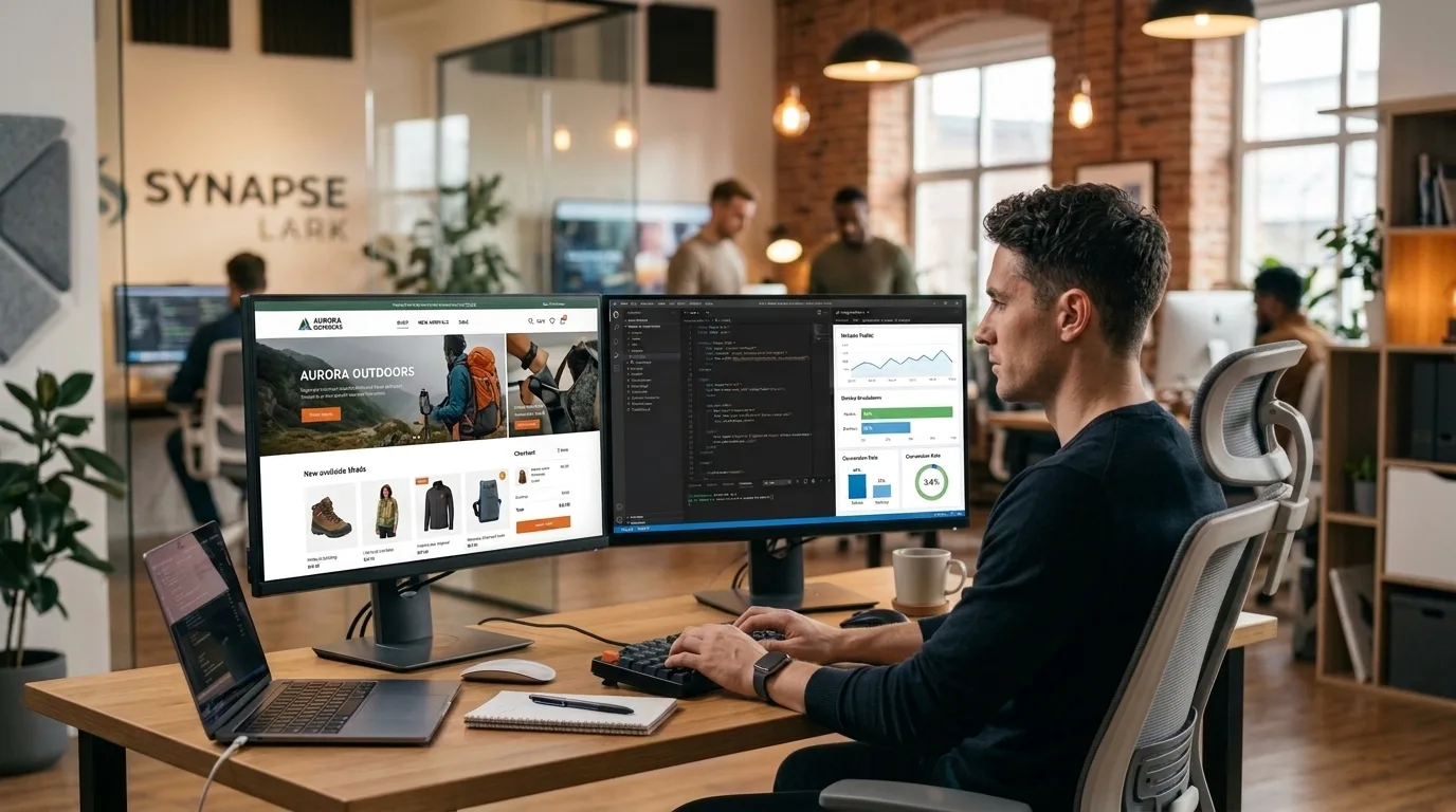 Modern developer workspace showing ecommerce website design analytics and code on dual monitors
