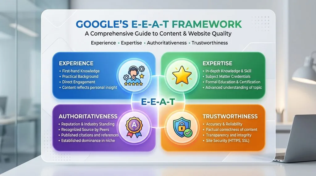 Four-part framework diagram highlighting Experience, Expertise, Authoritativeness, and Trustworthiness.
