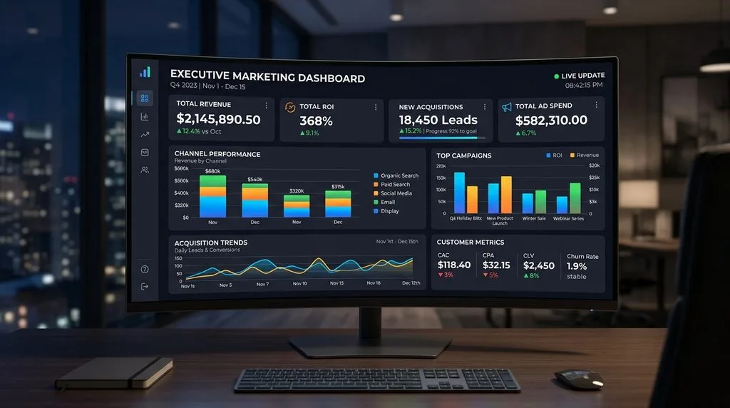 Executive marketing KPI dashboard displaying top-line performance metrics and analytics.