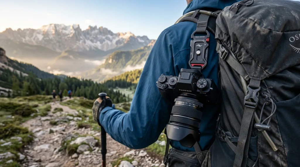 A camera securely mounted on a backpack strap using a professional quick-release metal clip during a hike.