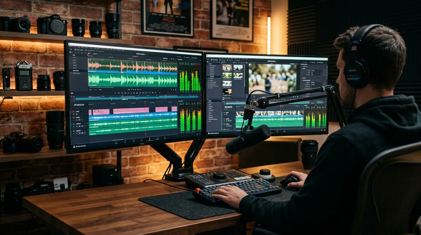 Video editing software displaying audio waveforms for removing background noise from video clips.