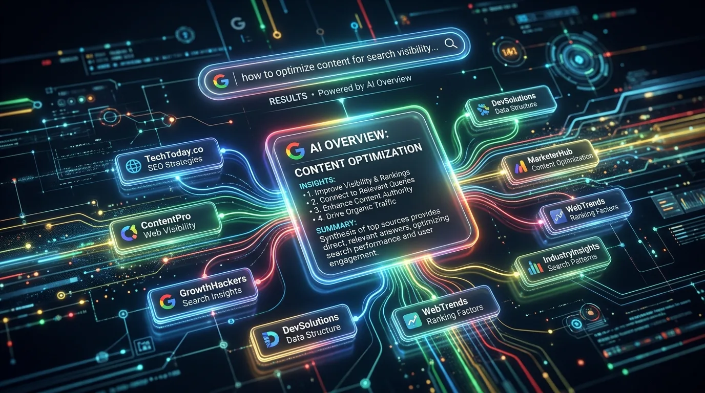 A modern digital display illustrating Google AI Overviews synthesizing search data into quick answer summaries.