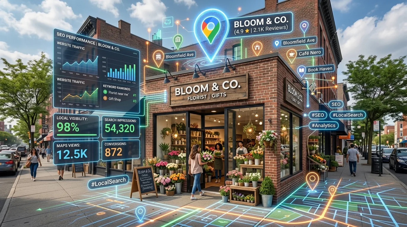 A physical storefront blending with digital SEO map pins and analytics.