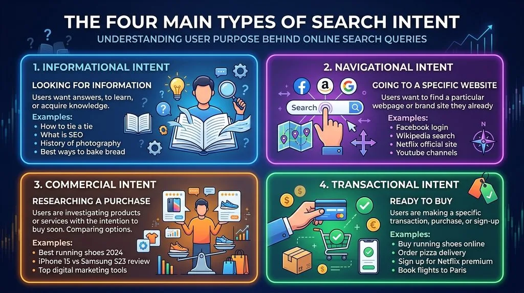 Grid visual outlining four main search intent types: informational, commercial, transactional, and navigational.
