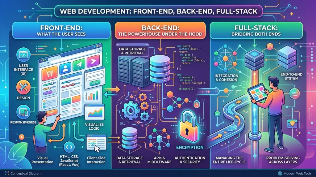 Conceptual diagram illustrating front-end, back-end, and full-stack web development pillars.